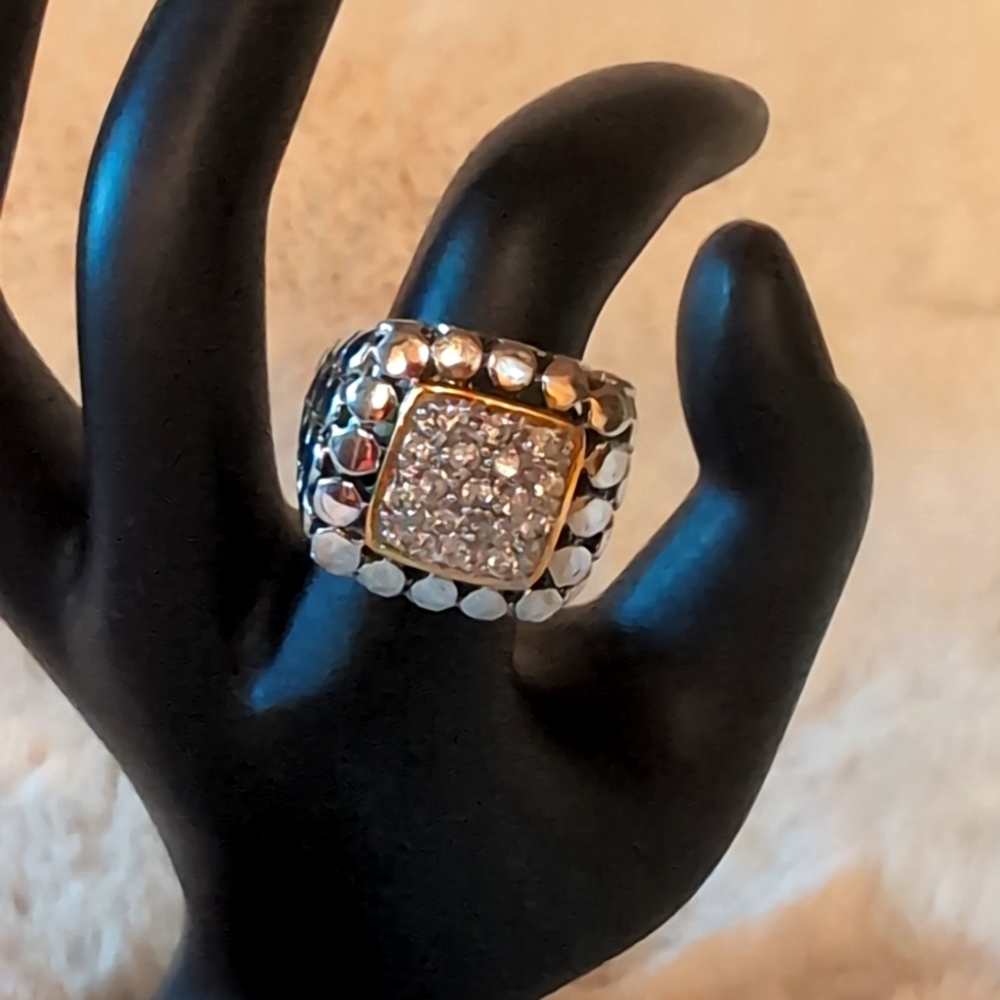 Statement Gold & Silver Toned Stone Encrusted Signet Like Ring